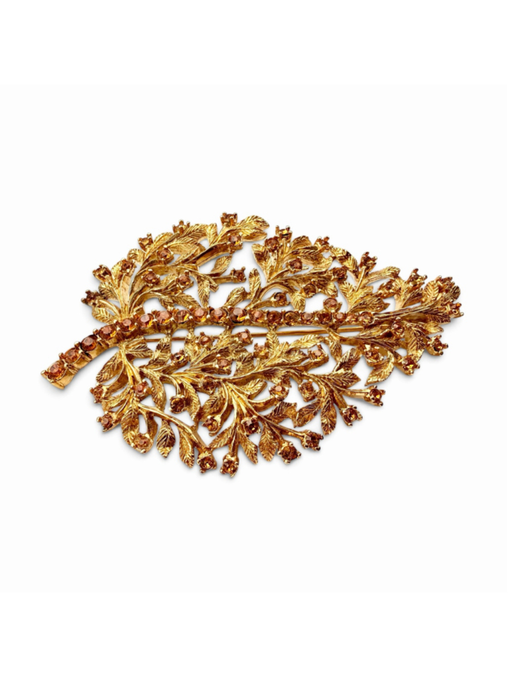 Vintage Coro Thailand Amber Rhinestone Floral Leaf Brooch Gold Tone Statement - Picture 3 of 8